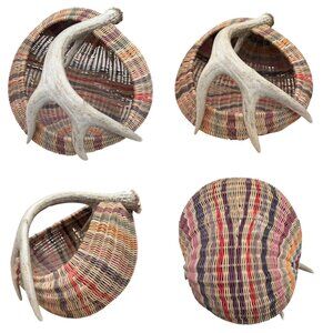 Vintage Montana Woven Willow Display Basket With Antler Woven In Basket